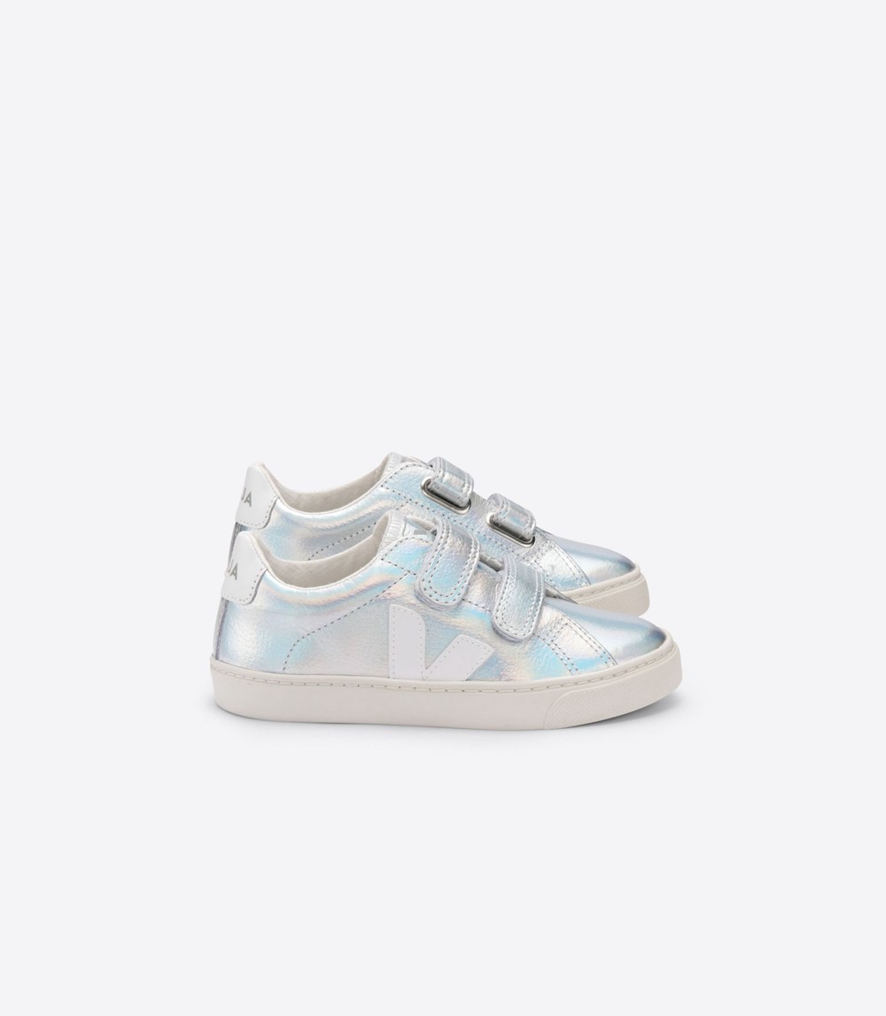 Veja Trainers Kids Silver/White - Esplar Velcro Leather - LDGN-14682